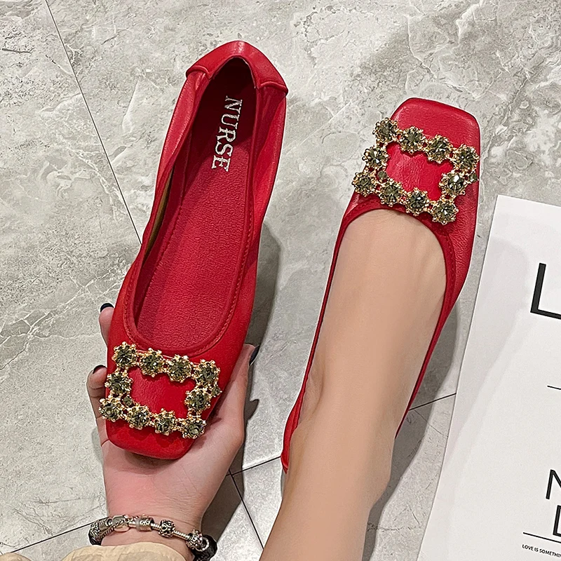 Hot Sale Biggest Size 44 Rhinestone Buckle Soft Comfortable Ladies Doll shoes Walking Style  Women's Casual Shoes Flats