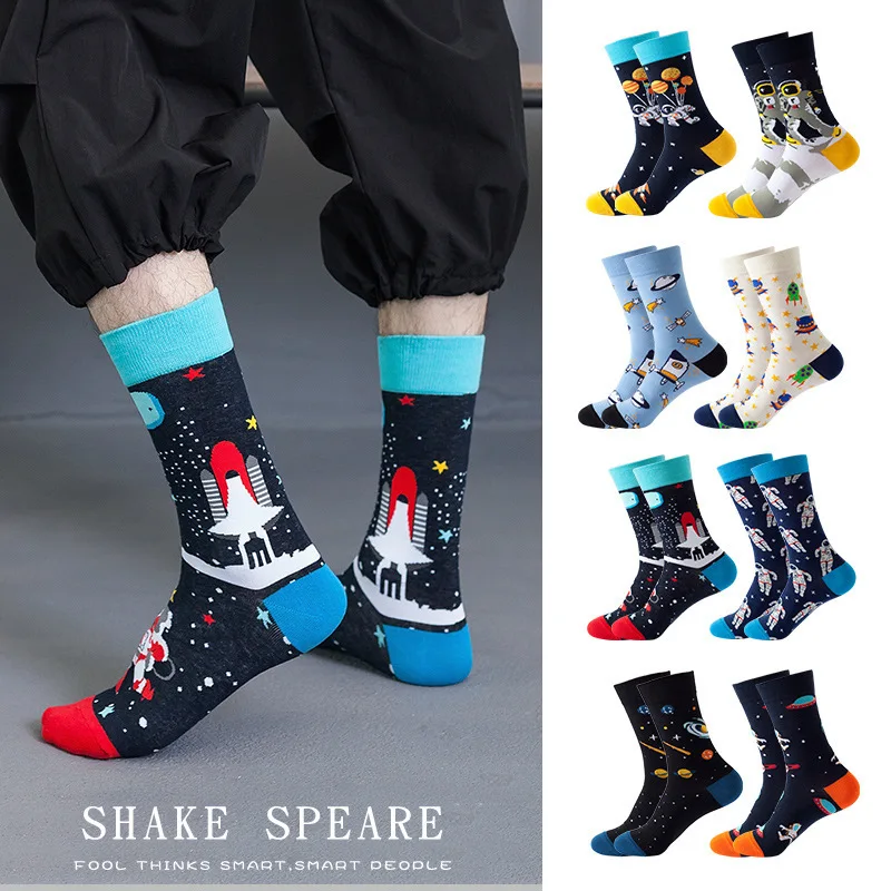 

1Pair Funny Ins Astronaut Airplane Heavenly Body Middle Tube Men Happy Socks Streetwear Cotton Male Skateboard Boys Adult Sox