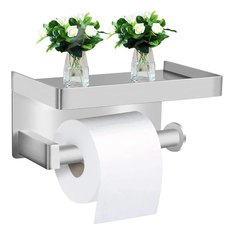 

Toilet Paper Holder Without Drilling With Shelf, Stainless Steel Paper Holder Wall Mounted Paper Holder