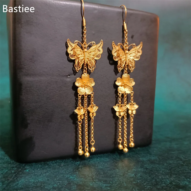 

Bastiee S999 Sterling Silver Long Earrings for Women Chinese Butterfly Gold Plated Hanfu Wedding Eardrop Miao Ethnic Jewelry