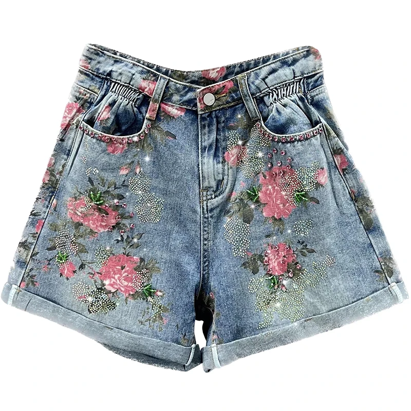 High Waisted Shorts Fashion Printed Denim Shorts for Women 2023 Summer New High Waist Loose Rhinestone Wide Leg Shorts Female