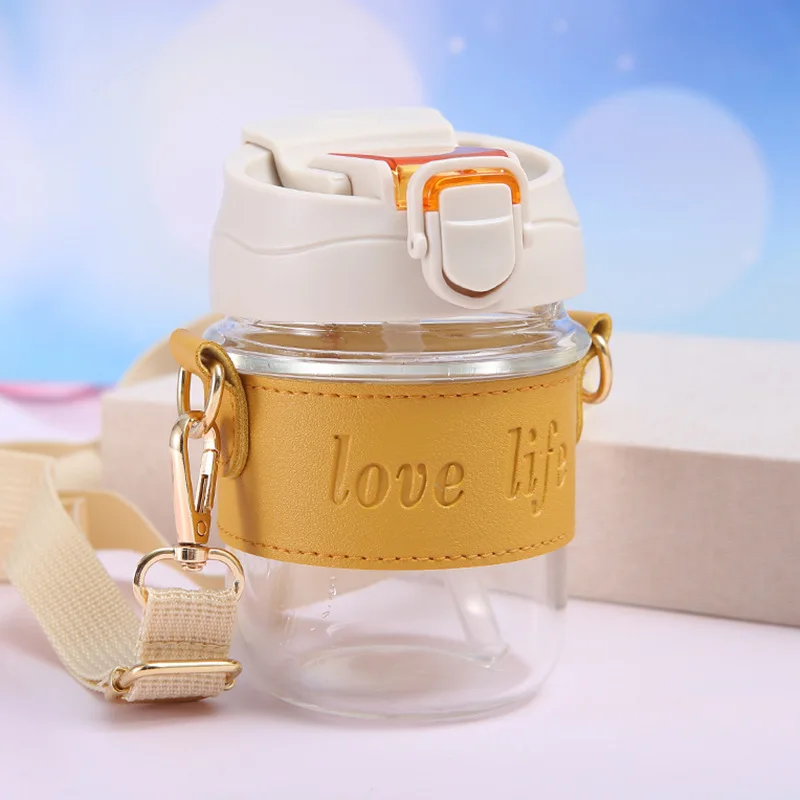 

350/500Ml Portable Single-Layer Glass Men And Women Fitness Business Bouncing Cup With Rope Double Drinking Straw Cup