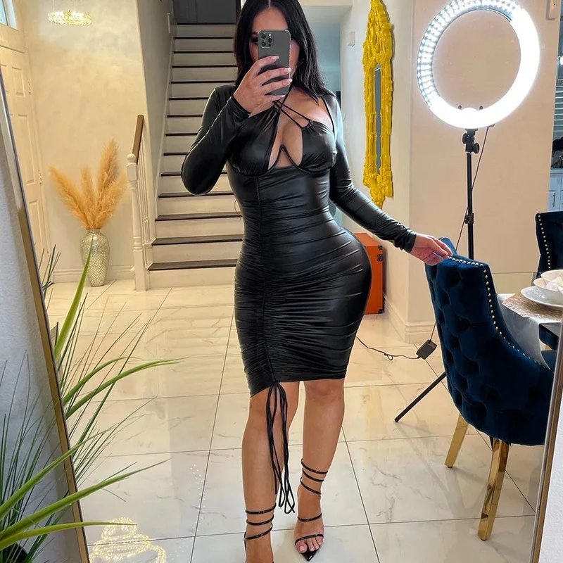 

Pu Faux Leather Women Halter Hollow Out Corset Mini Dress Backless Bodycon Sexy Streetwear Party Elegant Club 2022