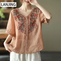 2021 summer retro art embroidery ramie top ladies loose pullover short sleeve shirt chinese fashion clothes women
