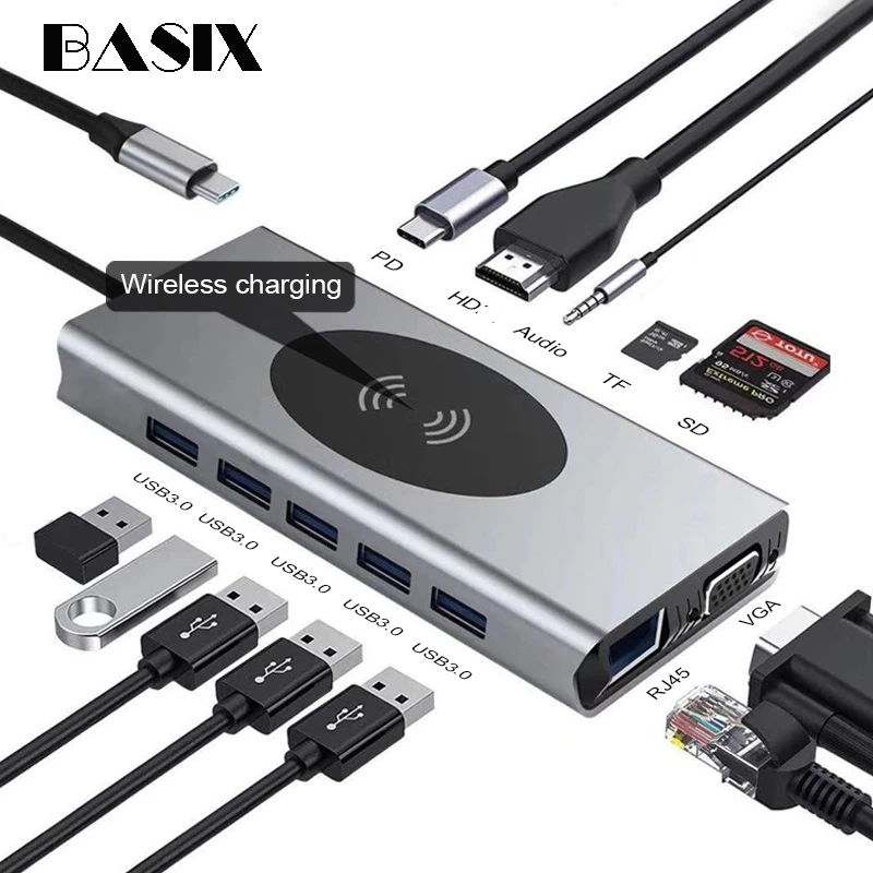 

USB C HUB 13 в 1 Type c адаптер USB C к HDMI-совместимый 3,5 mmAudio SD TF VGA RJ45 USB3.0 Type c док-станция для MacbookPRO