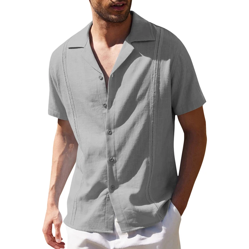 Men Linen Shirts Casual Summer Solid Handsome Men Retro Autumn Shirts Short Sleeve Beach Blouse Tops