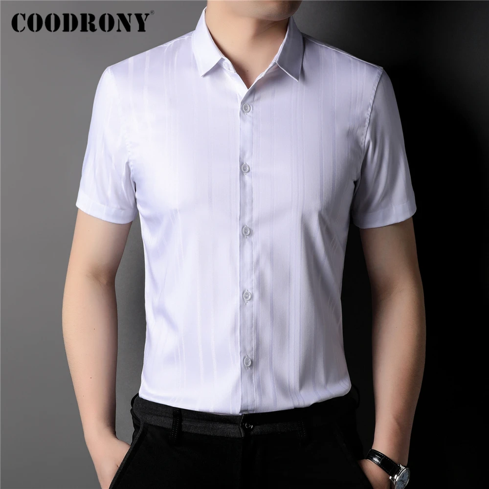 

COODRONY Brand Summer Striped Short Sleeve Shirt Homme New Arrival Classic Casual Turn-Down Collar Shirt Men Clothing Z6072S