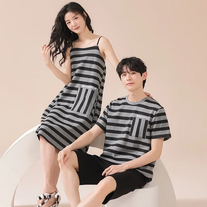 Парные хлопковые полосатые пижамы с короткими рукавами весна-лето домашняя