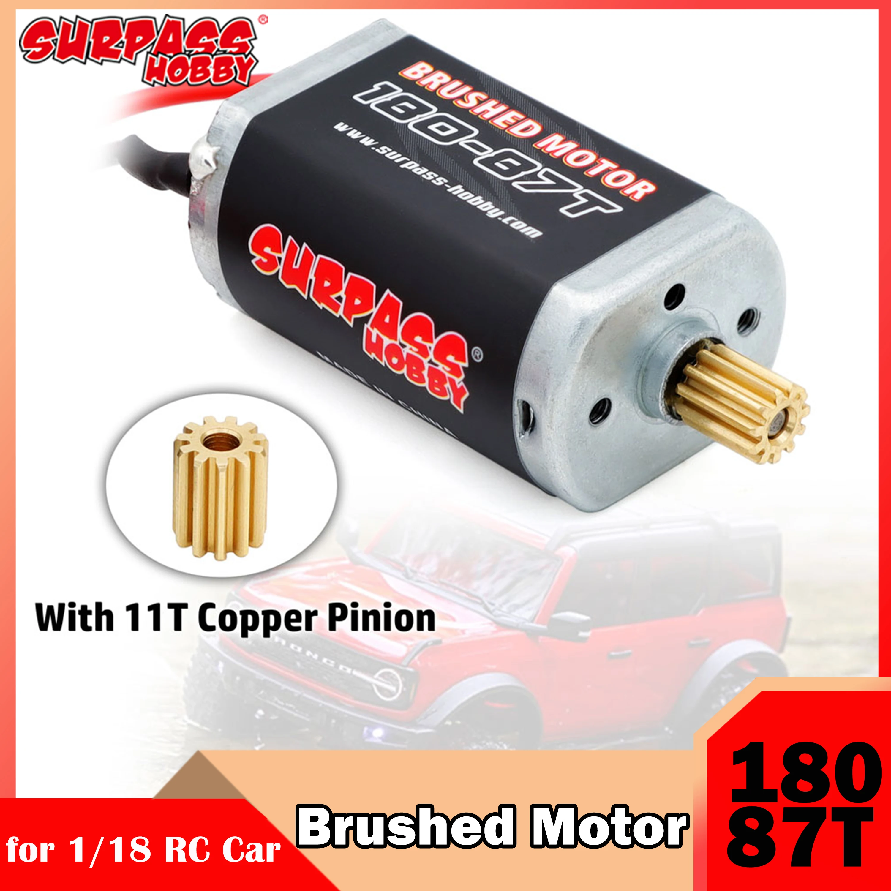 

Surpass Hobby 180 87T Brushed Motor 7.4V with 11T Copper Teeth Pinion Gear for 1/18 RC Crawler Car Traxxas TRX4M Upgrade Parts
