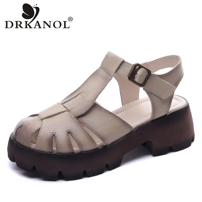 

DRKANOL Handmade Retro Genuine Leather Sandals Women Summer Platform Shoes Lightweight Thick High Heel Casual Sandals Female