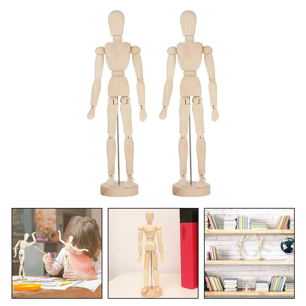 

2 Pcs Solid Wood Ornaments Wooden Decor Movable Joint Puppets Desktop Decoration Decorate Crafts Sketch Man Model