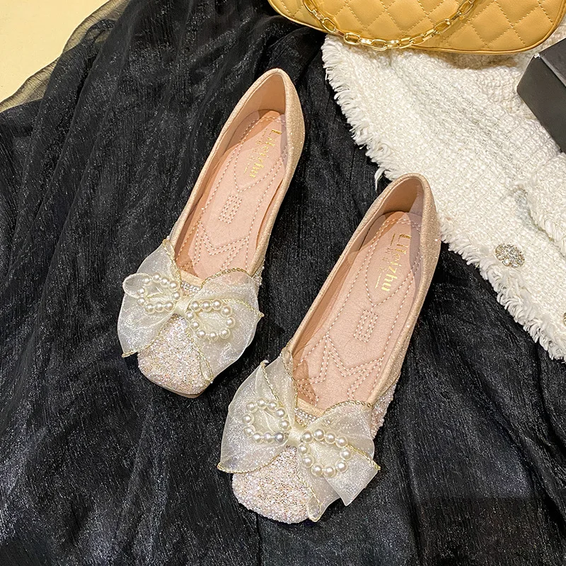 

Женские туфли на плоской подошве, элегантные модные блестящие туфли на плоской подошве с квадратным носком и бантом, украшенные стразами