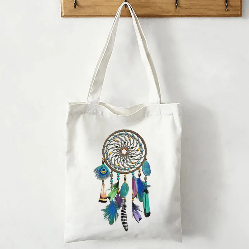 

Large Capacity Tote Bags Women Shoppers Bags Messenger Handbag Summer Feather Dreamcatcher Vintage Cartoon foldable shopping bag