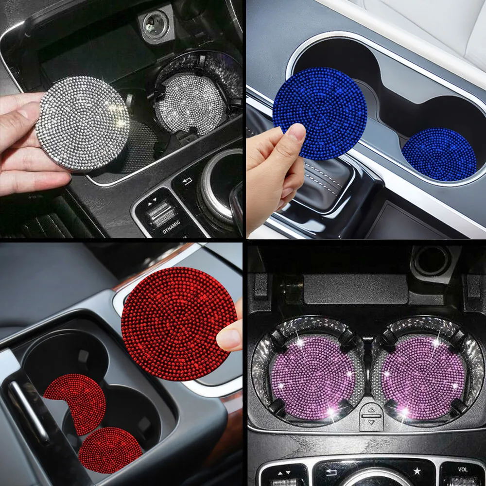 

2x Diamond Car Coaster Water Cup Slot Non-Slip Mat Silica Gel Pad Cup Holder Mat Car Gadget Bling Car Decoration Accessories