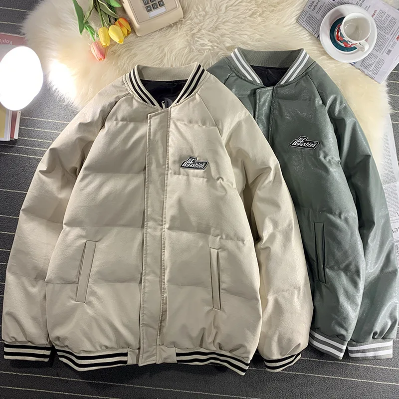 Men Thickened PU Parkas Black White Long Sleeve Fashion Solid Color Zipper Warm Jackets Streetwear Unisex Parkalar Mont Erkek