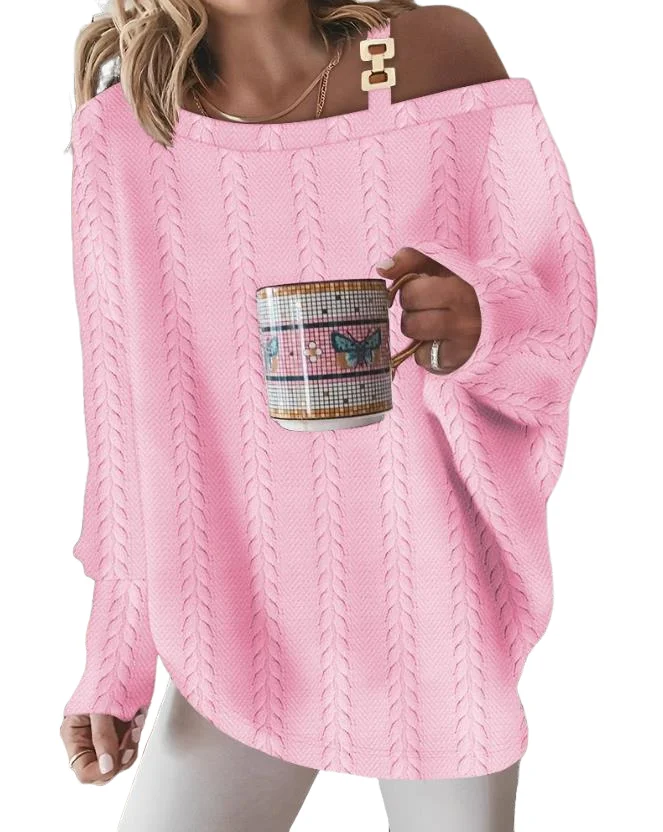 

Women's Pullover Sweater Autumn/winter New Fashion Casual Solid Colors Cold Shoulder Chain Decor Wheat Textured Hoodies Top