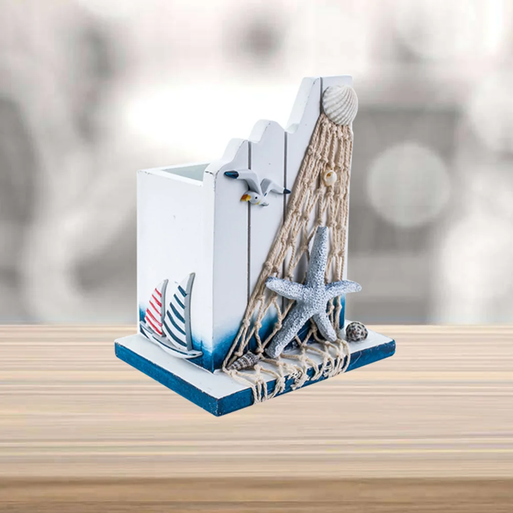 

Holder Pen Nauticaldecor Decoration Makeup Wooden Desktop Beach Storage Coastal Organizer Brush Desk Cup Home Organiser Ocean