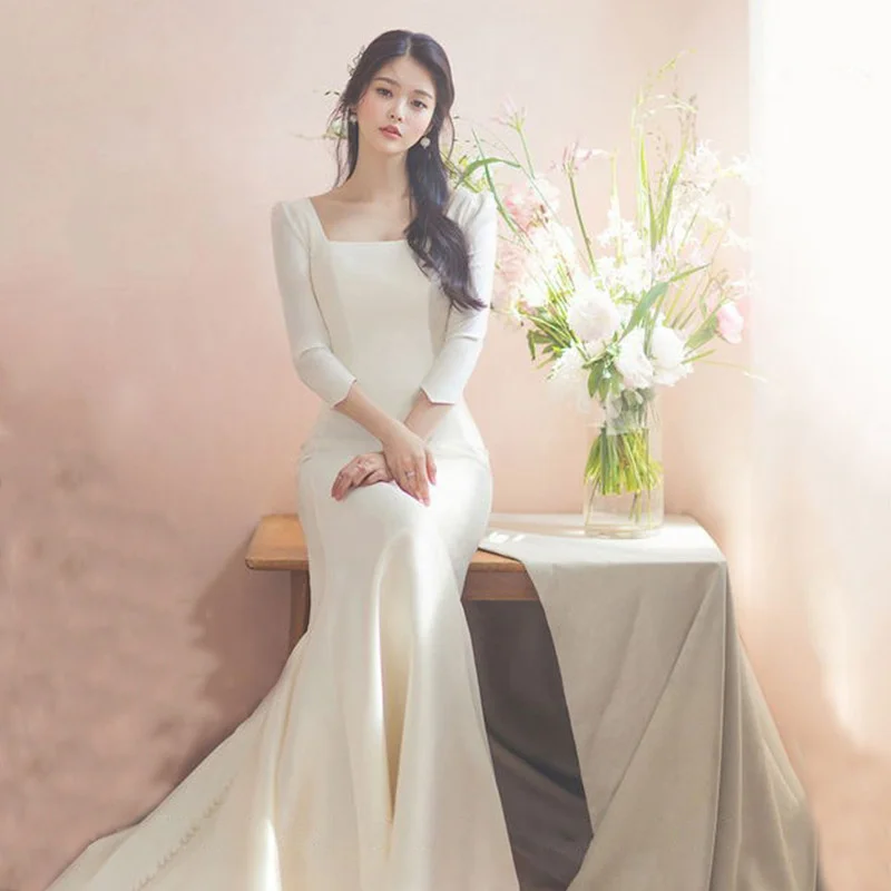 

Bride's light wedding dress Korean Satin simple Mori super fairy fishtail wedding dress dress tailing slim fit