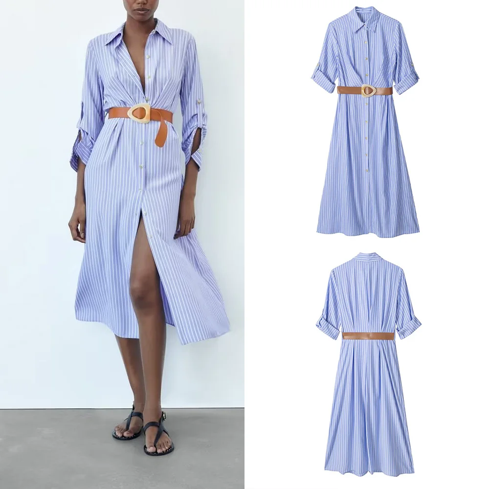

PB&ZA summer new women's fashion lapel chic with belt shirt style temperament long dress 7789951