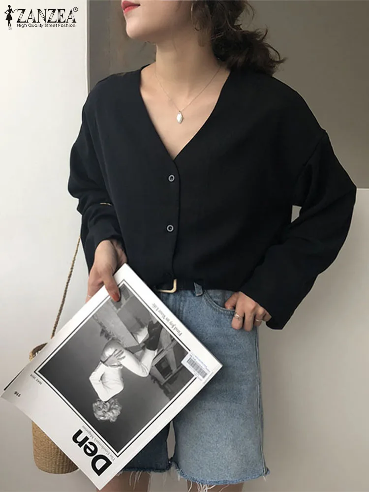 

ZANZEA 2023 New Drop-shoulder Shirts Casual Women V-neck Long Sleeve Blouses Elegant Buttons Up Tops Daily Solid Color Clothing