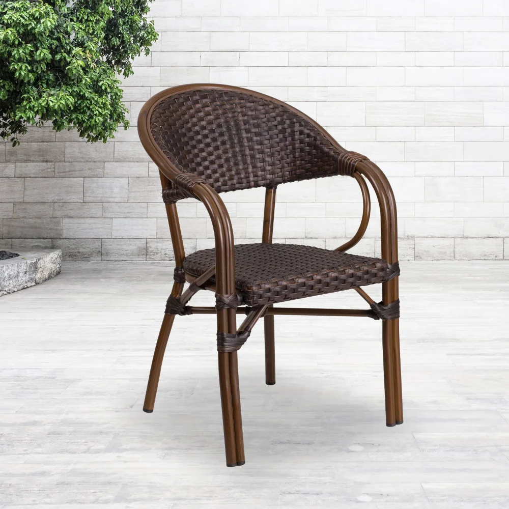 

Flash Furniture Milano Series Dark Brown Rattan Restaurant Patio Chair with Red Bamboo-Aluminum Frame