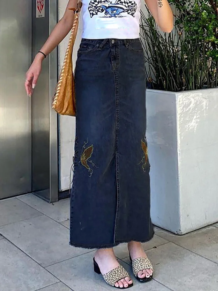 

ALLNeon Indie Aesthetics Y2K Butterfly Embroidery Denim Skirts Retro 90s Streetwear Low Waist Lace Up Trim Slit Maxi Skirt Long