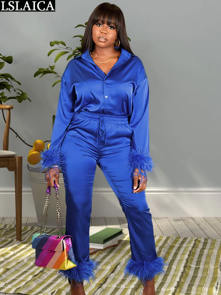 

Женская одежда 2022 модные комплекты элегантные брюки и блузка женские Дешевые предметы с бесплатной доставкой осенние наряды с перьями