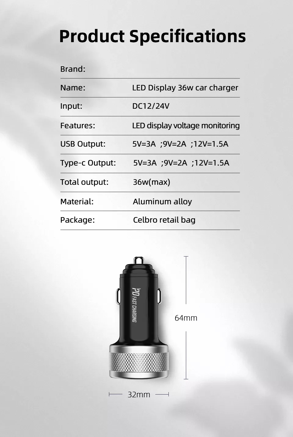 

NEW2023 36W Metal Dual USB Car Charger Digital Display Usb C PD Car Charger Note 20 Ultra S21 Auto Fast Charger