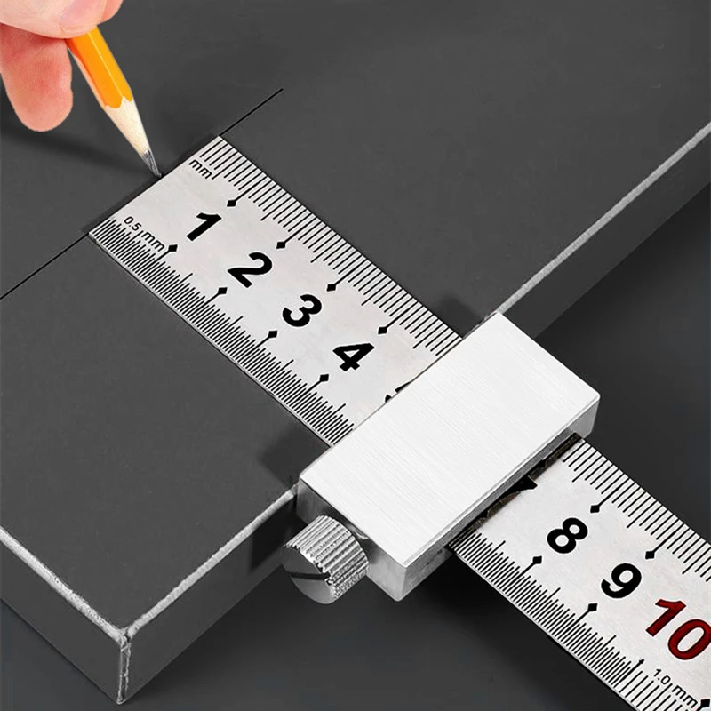 

Carbon Steel Ruler Limit Block Measuring Rulers Tools Positioner Adjustable Scriber Line Marking Gauge Carpentry Scriber Gadgets