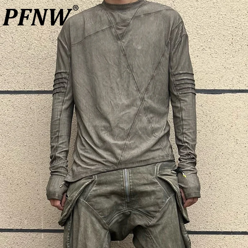 

PFNW Summer Men's Elastic Asymmetric Hem T-shirt Batik Tide Long-sleeved Knit Anti-wrinkle Tie Dye Geometry Pattern Tops 12A9432