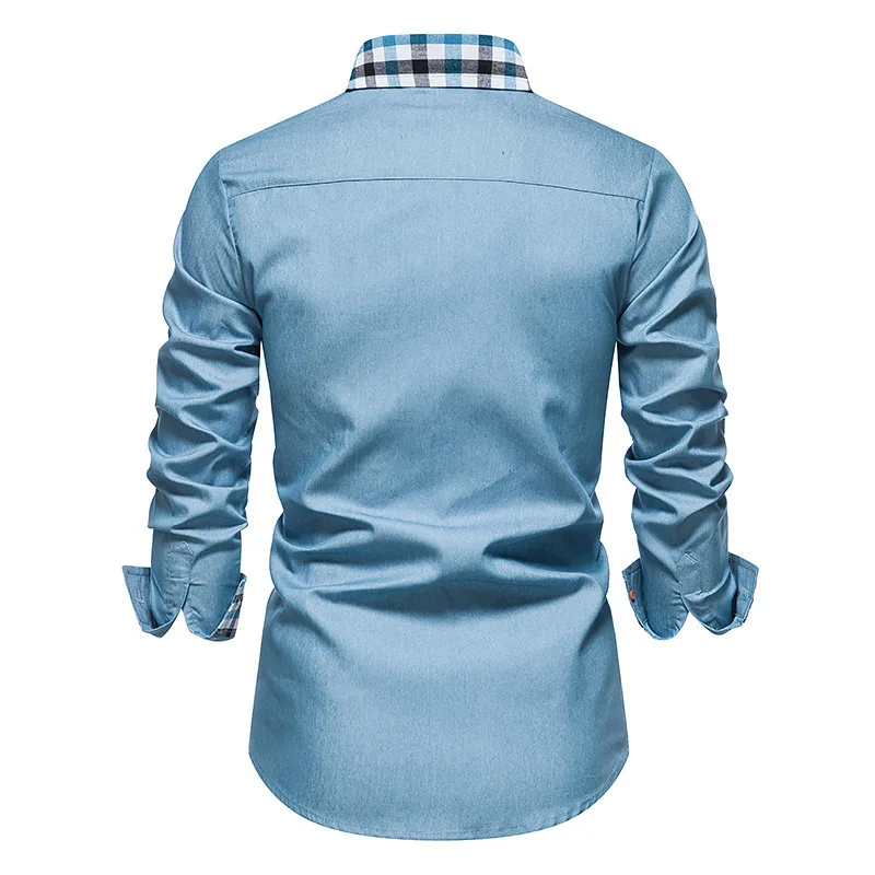 2022 new autumn and winter men's solid color long-sleeved shirt youth lapel slim shirt cotton plus size men's blue top S-2XL