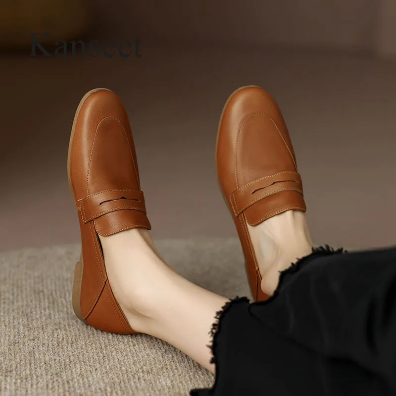 Kanseet Concise Shoes For Women Spring Autumn New Round Toe Brown Genuine Leather Loafers Handmade Casual Flats Lady Footwear 40