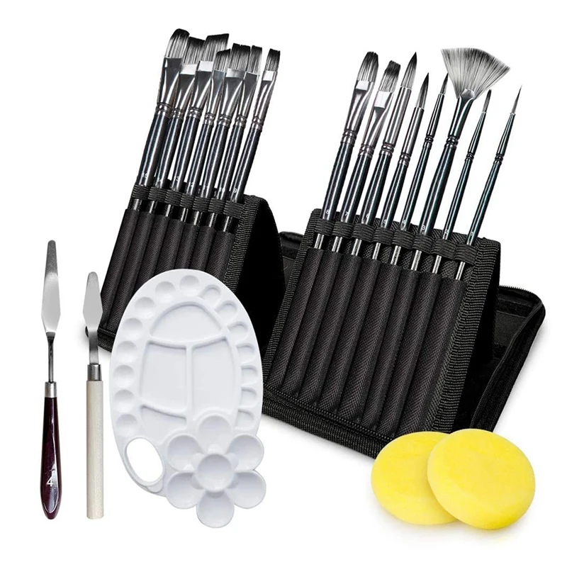 

20 Pcs Paint Brush Set For Acrylic Oil Watercolor Painting Brushes With 1 Paint Tray, 2 Palette Knife And 2 Sponges