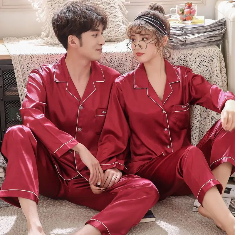 Spring couple silk long sleeve pajamas woman solid color ice silk autumn style home wear cardigan men's suit