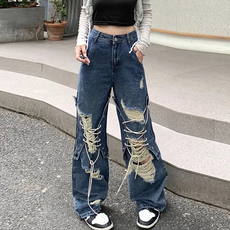 

Pants For Women Y2k Jeans Designer Fashion Lace Up Hole High Waist Hot Girl Streetwear Top Quality Fashionable Denim Pantalones