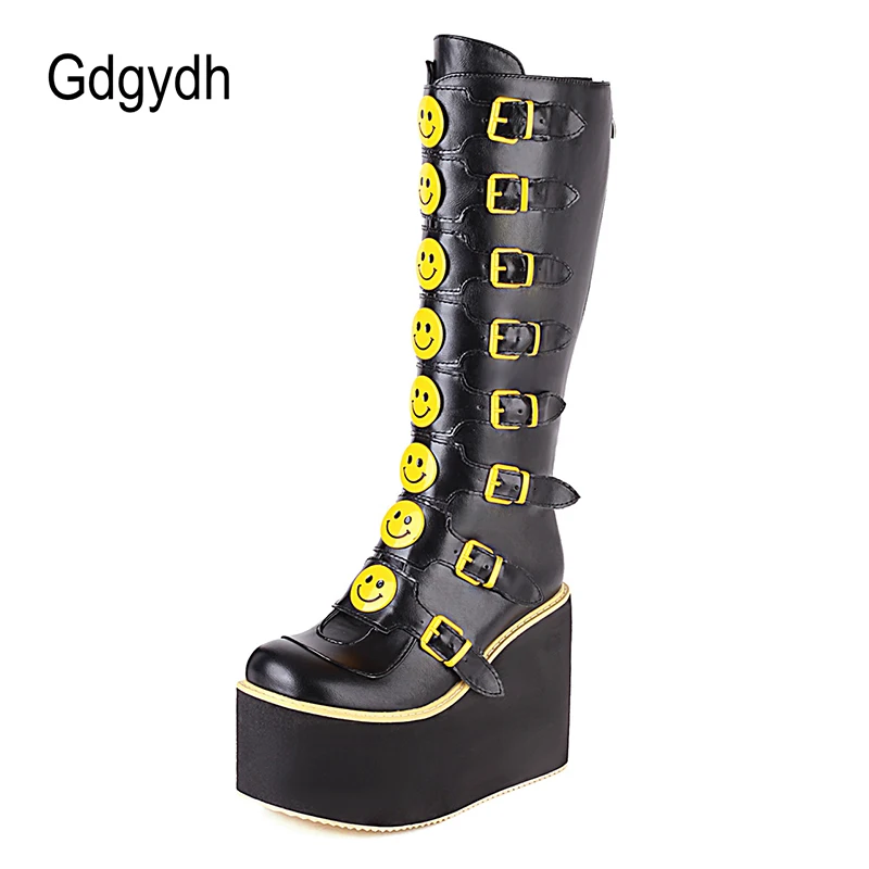 

Gdgydh Womens Yellow Smiley Face Gothic Boots Buckle Strap Platform Wedges Heel Winter Punk Shoes Increasing Cosplay Party New