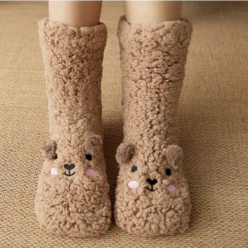 Red White Pink Long Floor Slouch Socks Woman 90s Aesthetic Fall Winter Thick Cartoon Bear Sleeping Non-slip Fleece Novelty Socks