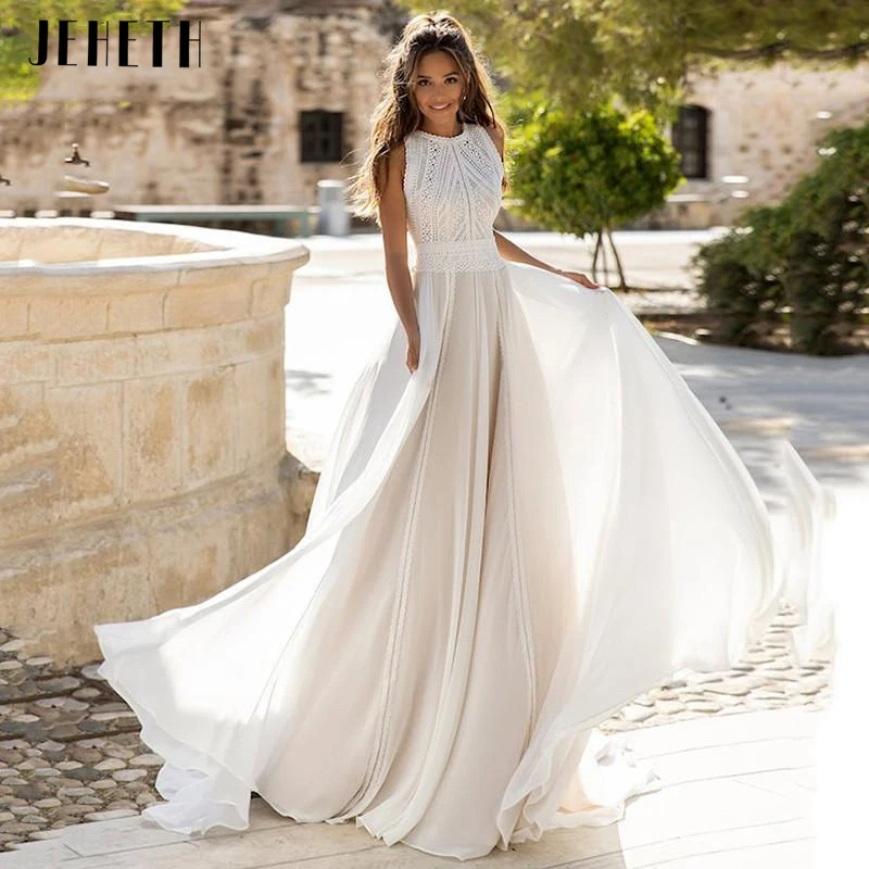 

JEHETH Charming Backless Wedding Dresses Simple Chiffon Lace A-Line Vestidos De Noiva Sleeveless Bohemian Bridal Gowns For Women
