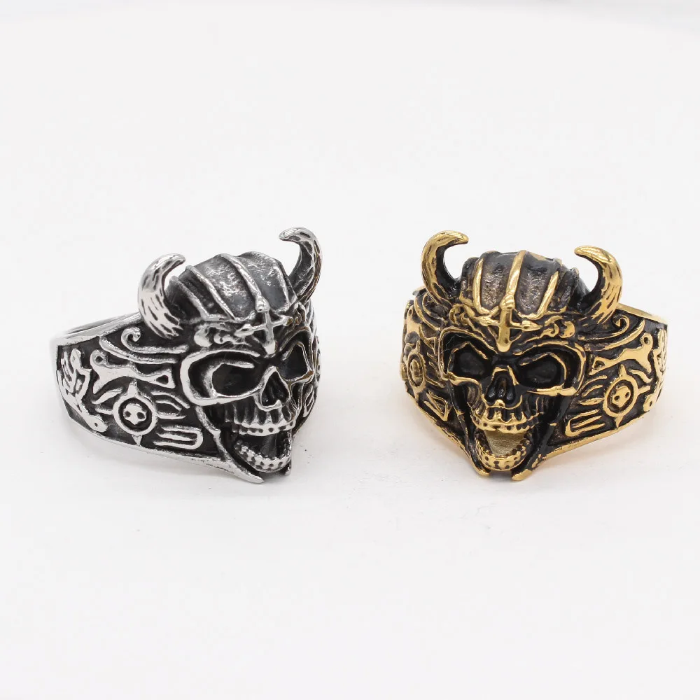 

Vintage Fashion Stainless Steel Skull Cow Horn Ring Men's Titanium Punk Jewelry