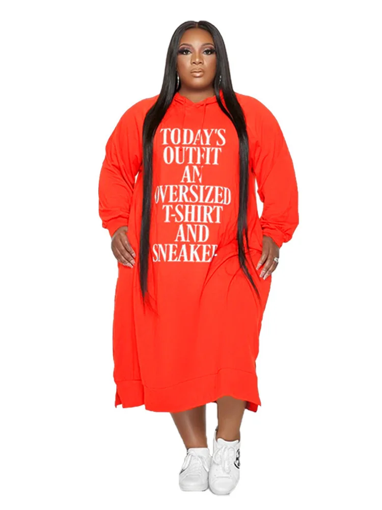 Plus Size Dress Women Loose Letter Print Hoodies Casual Dress Pockets Maxi Dresses Wholesale Drop 3xl 4xl 5xl 6xl