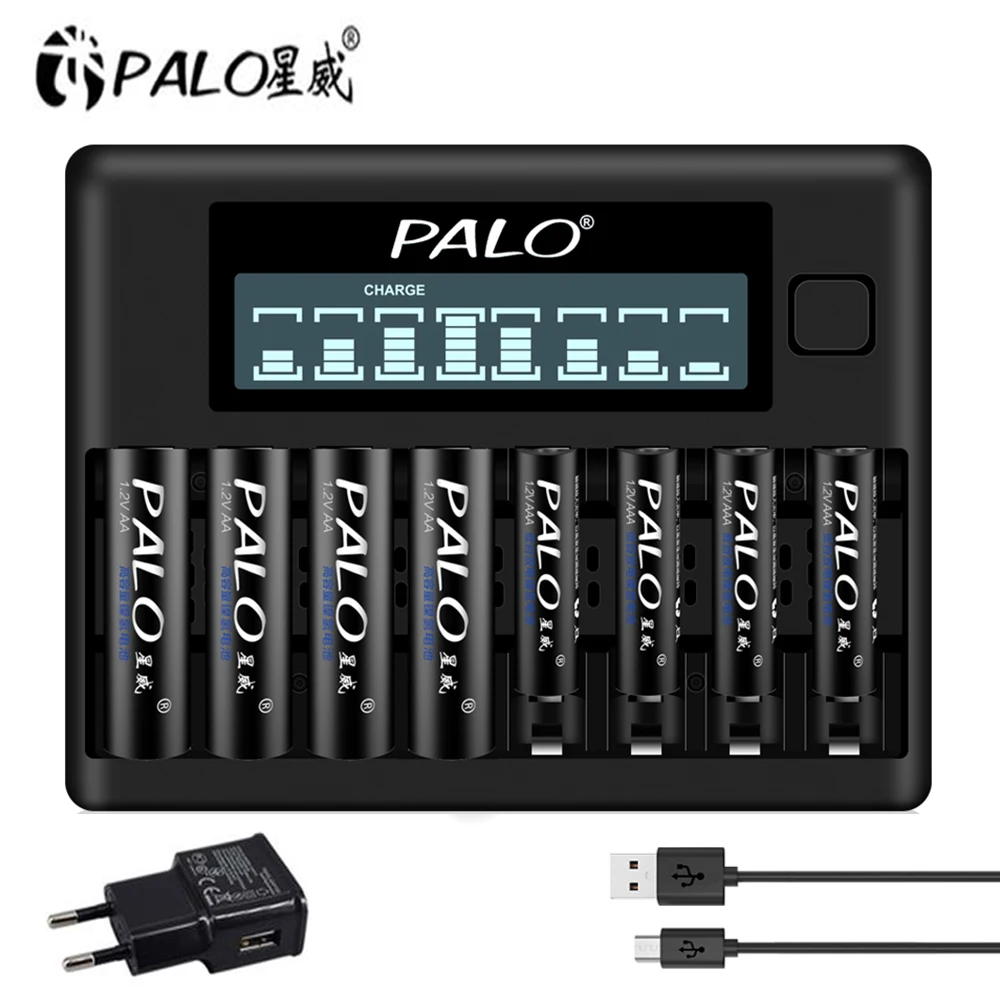

PALO 8 Slots LCD Smart Battery Charger For 1.2V AA AAA NI-MH NI-CD Rechargerable Battery 2A 3A Fast Charging USB Battery Charger