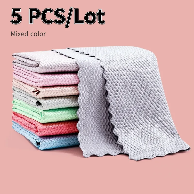 

5Pcs/Lot Home Cleaning Towel Kitchen Anti-Grease Wiping Rags Absorbable Fish Scale Wipe Cloth Glass Window Dish Cleaning Cloth