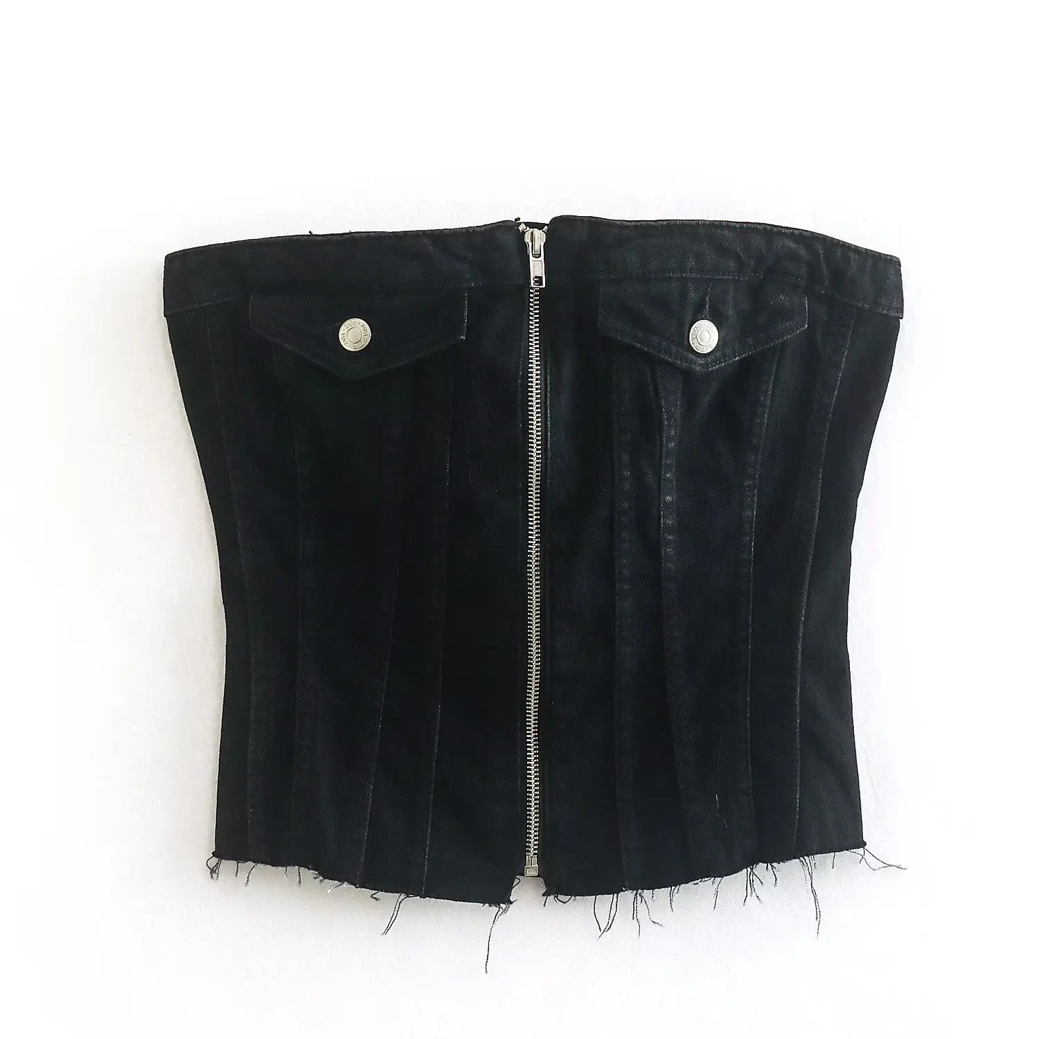 

2023 Spring Black Denim Vest Rough Selvedge Jean Tank Tops Zipper Denim Top Vest Ladies Jean Crochet Top Sexy Cropped Denim Vest