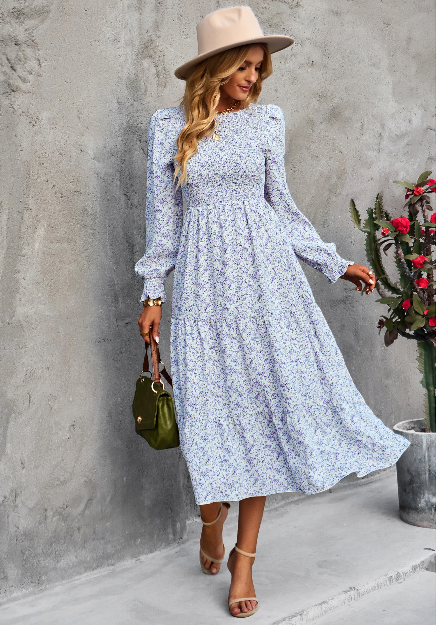

GAOVOT Women's Autumn Floral Print Ruffle Long Sleeve Slim Dress Ladies Round Neck High Waist Ruffle Hem Elegance Long Dresses