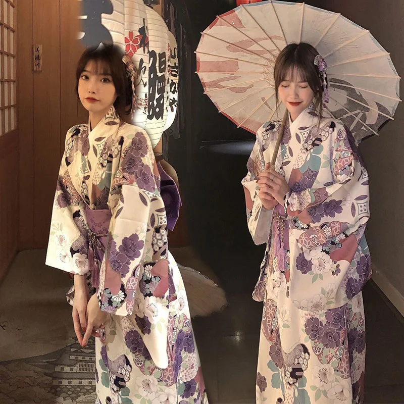 

Women Japanese Traditional Kimono With Obi Vintage Flora Print Haori Long Bathrobe Oriental Yukata Stage Show Cosplay Costumes