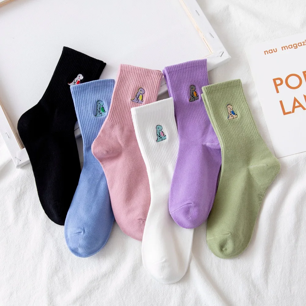 

2 pairs Korea Harajuku style Fashion kawaii funny Cartoon Embroidery Dinosaur Socks Spring and Autumn Warm Happy Woman Socks