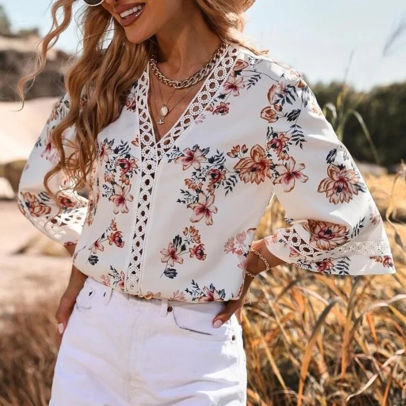 

Blusas 2023 New Chiffon Shirt Summer V-neck Print Lace Elegant Blouses Korean Fashion Flared Sleeve Top Blouse Tops Mujer 21910