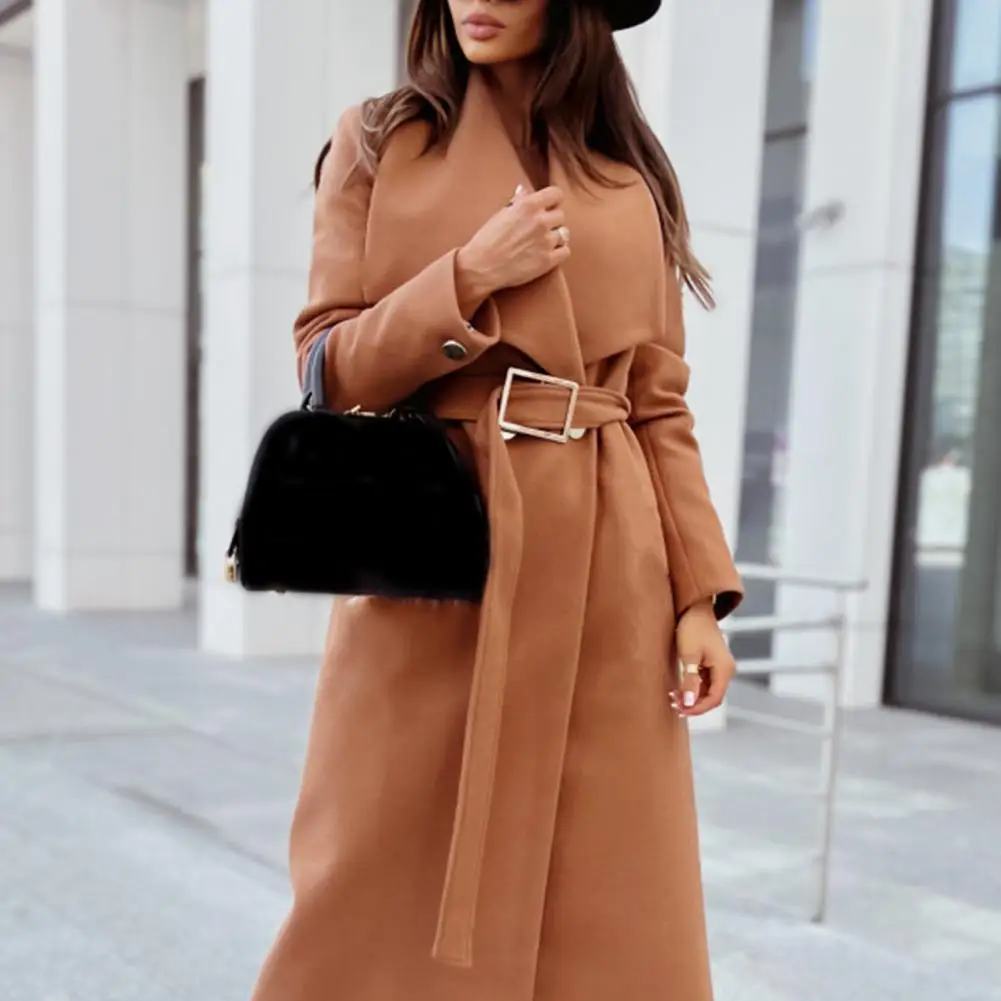 

Autumn Turn-Down Collar Belted Woolen Overcoat Women Solid Long Sleeve Office Outerwear Coat Winter Loose Warm Cardigan Harajuku