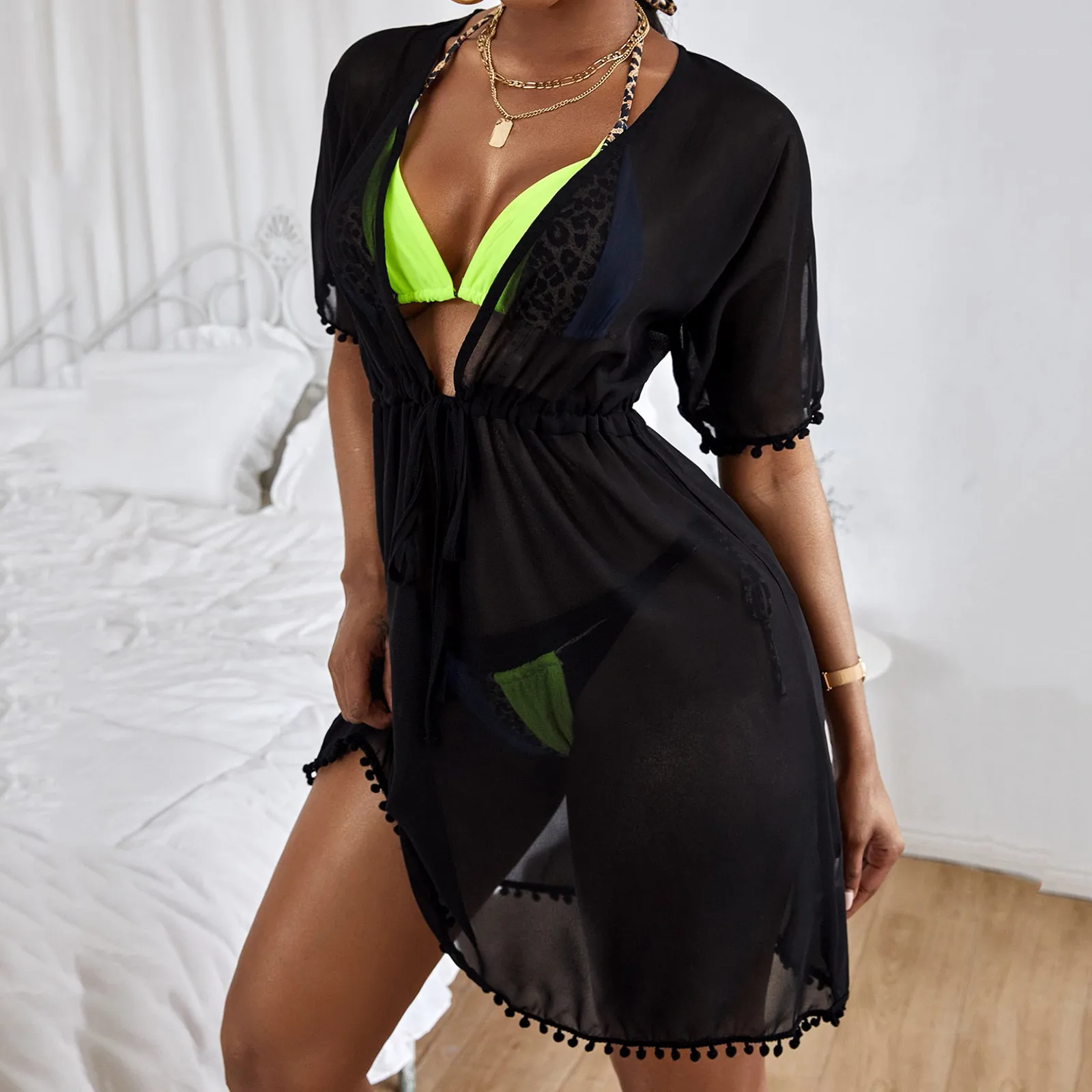 

New Bohemian Women Sheer Mesh Cover Up Shorts Beach Wrap Bikini Wraps Solid Color Pom Sheer Chiffon Cover-Ups For Swimwear