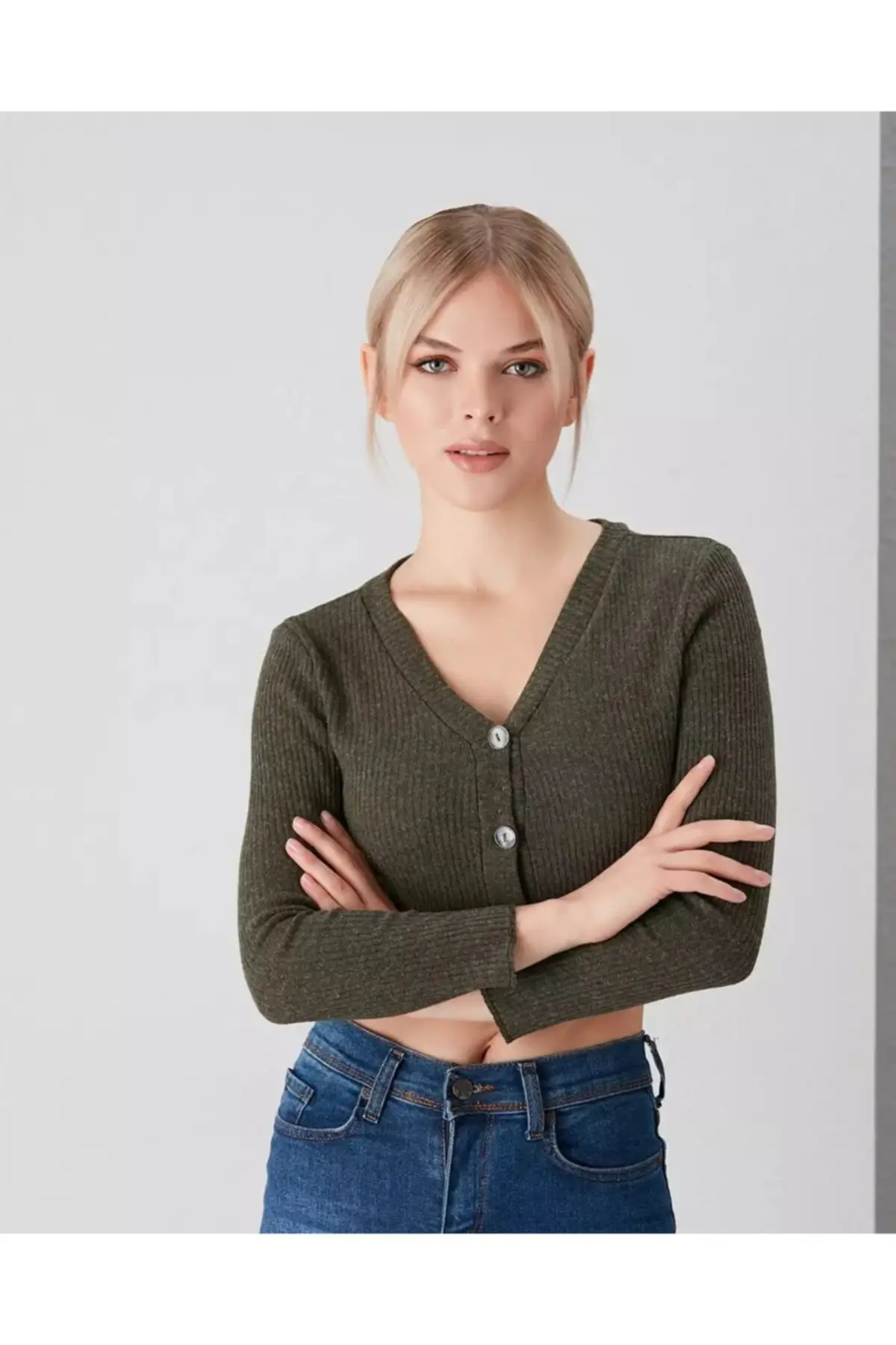 

Women's Cardigan Khaki Green Crop Thin Casual Knitted Quality Fashion Cardigan Sweaters Loose Sweater Jumper